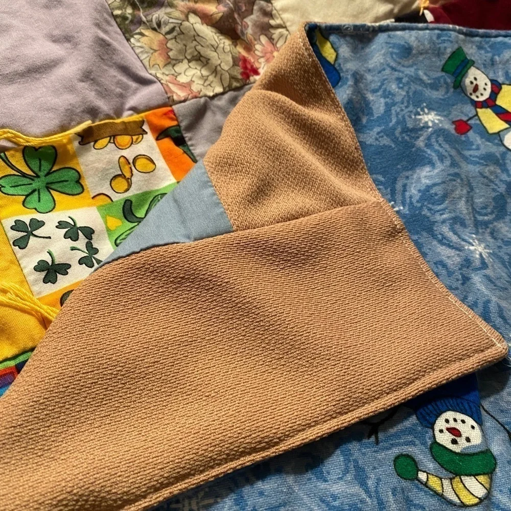 Patchwork Tied Cottagecore Quilt w/a Winter Blue Snowman Scene on Backside